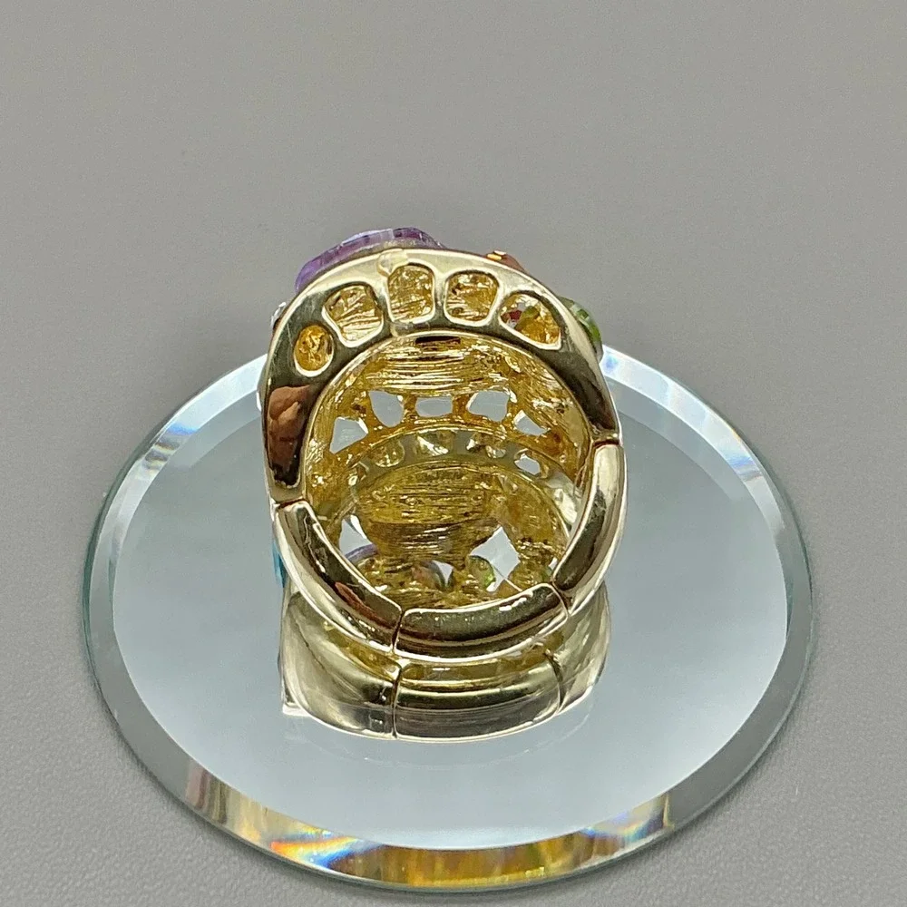 Ring Women Gold Tone Multi Color Crystal Bold Statement Stretch Band Size 8